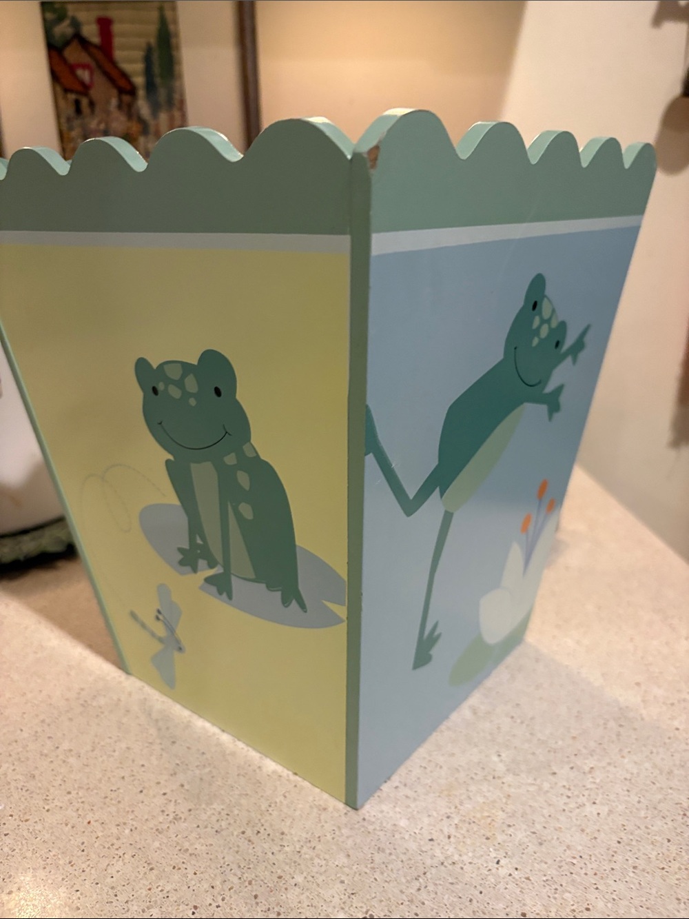 Pottery Barn Kids Frog Wooden Trash Can Wastebasket - Green/Blue/Yellow